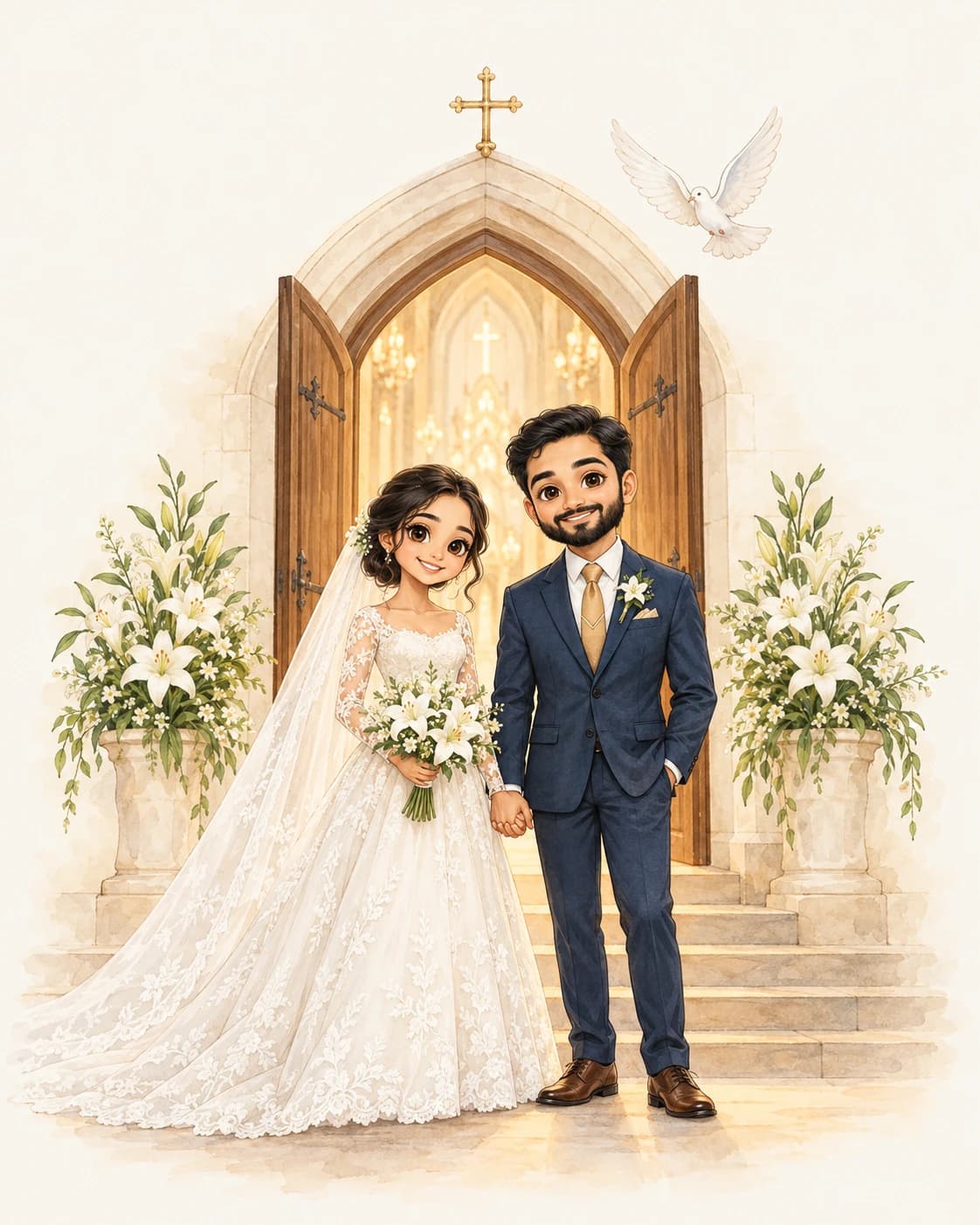 Natasha and Allan standing hand in hand before open church doors