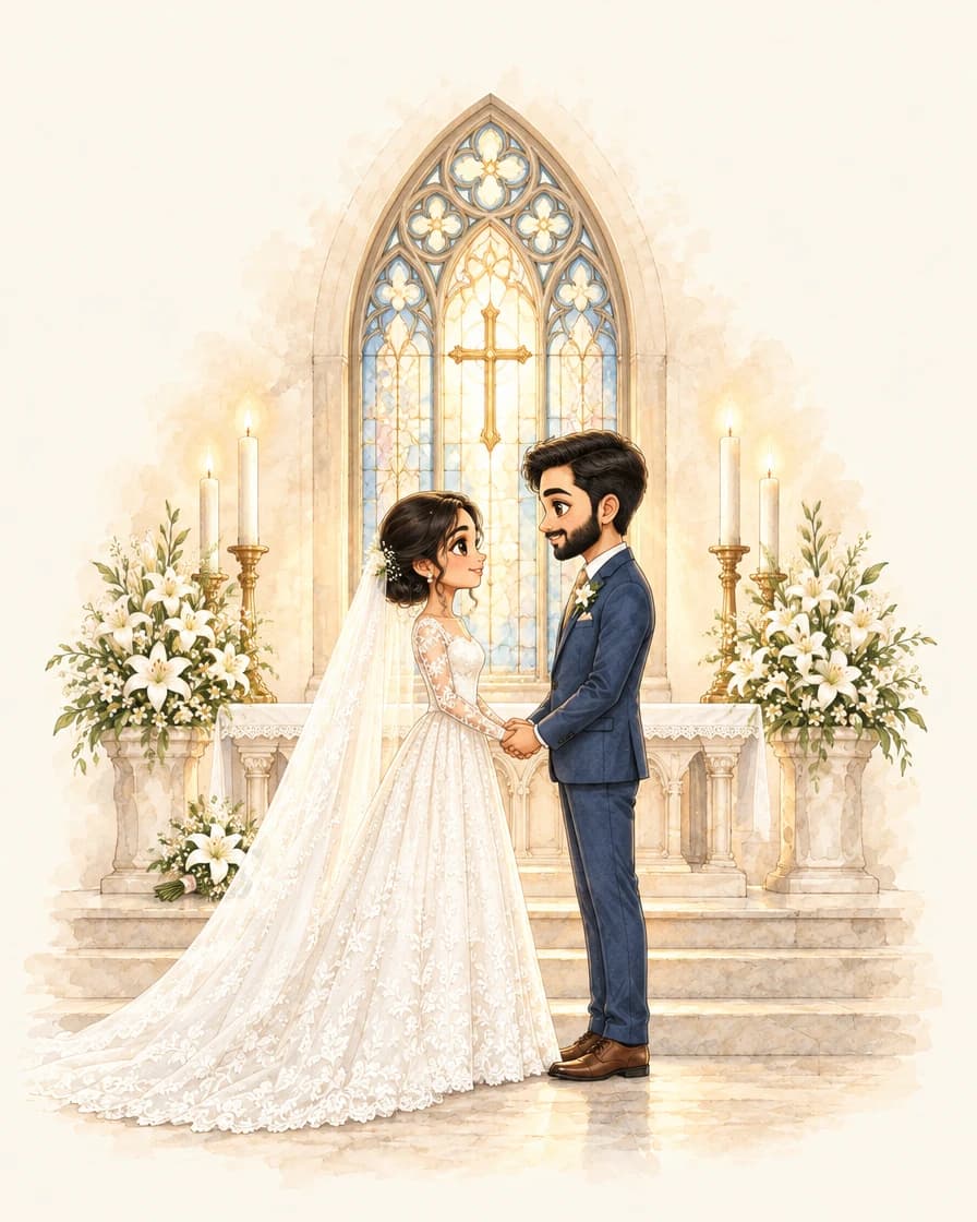 Natasha and Allan exchanging vows at the altar beneath a stained-glass window